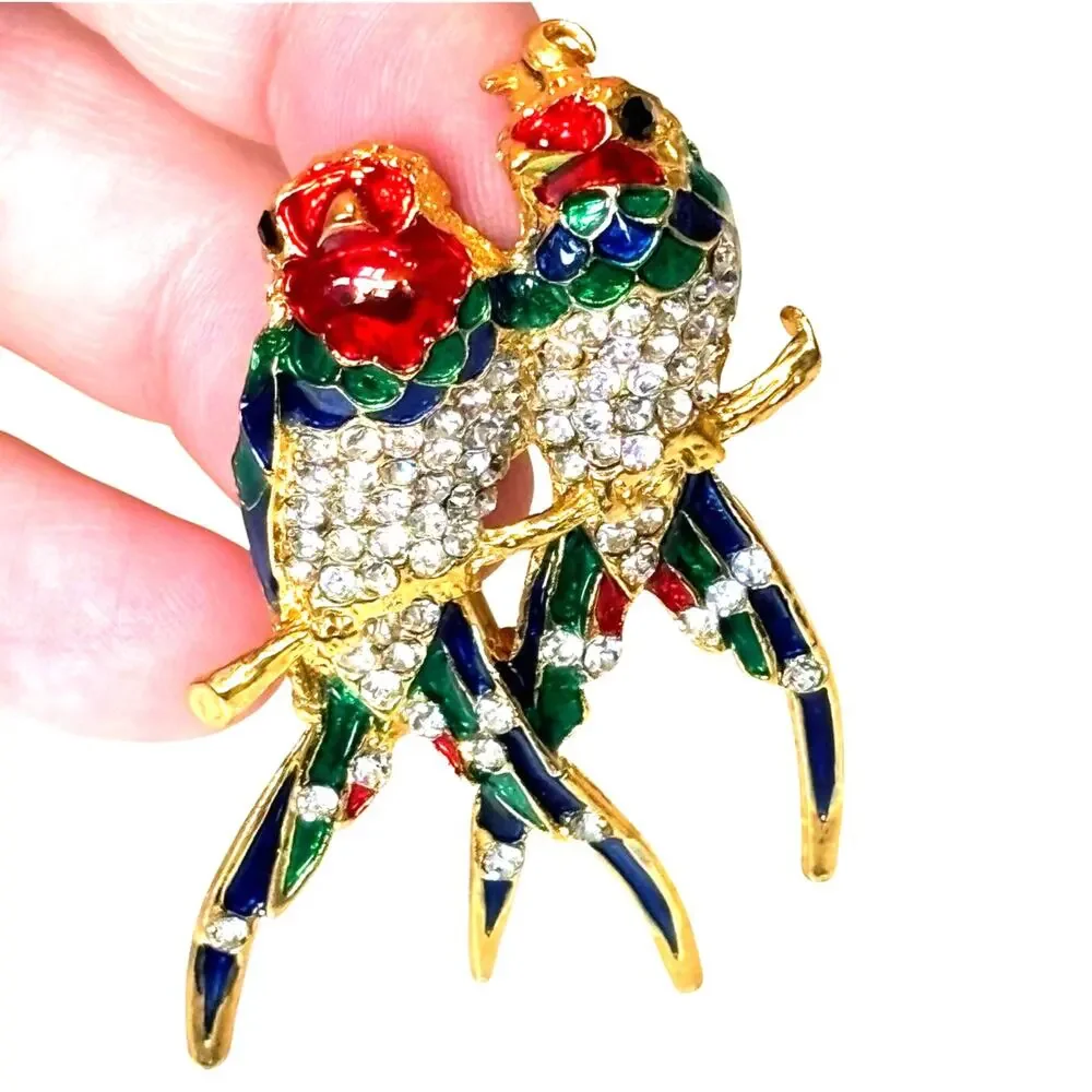 Y2K Statement Lovebirds Parrots brooch gold & colorful rhinestones enamel pin